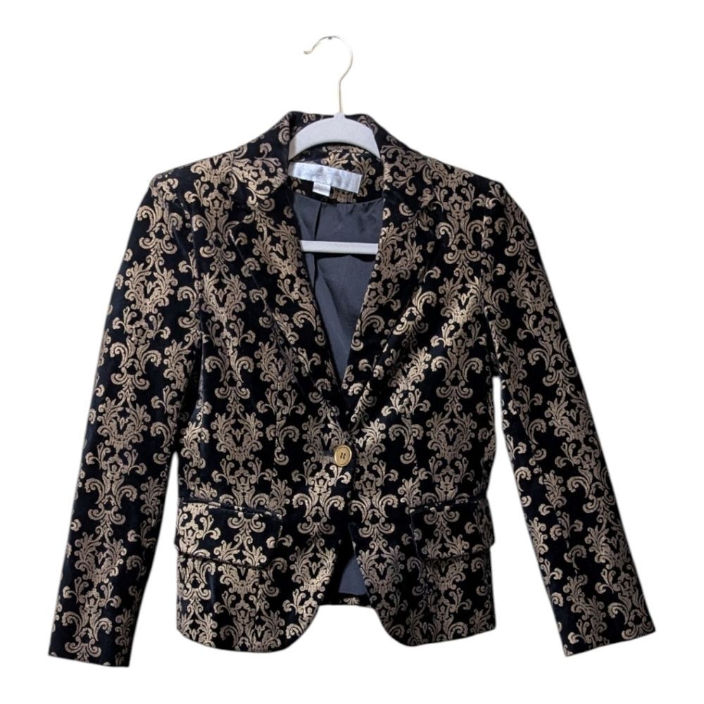 Boston Proper velvet blazer size 0 black gold metallic